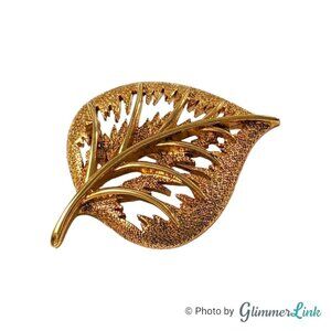 Vintage Allison Reed Gold Tone Openwork Leaf Brooch Textured 2 Inch